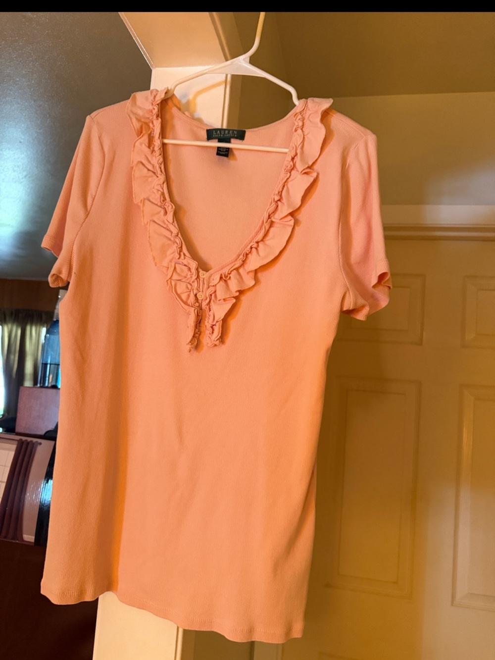 Ralph Lauren Pink Ruffle V-Neck Short Sleeve Tee